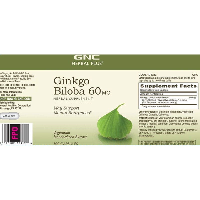 GNC Herbal Plus Ginkgo Biloba 60mg Supplement, Vegetarian, Supports Mental
