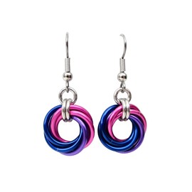 Bisexual pride earrings, chainmail love knot jewelry; pink, purple, blue