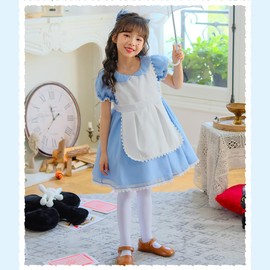 RPFLQ Alice Girls Maid Clothes, Dress, Cosplay, Halloween, Costume, Apron, Short Sleeve, Kids, Girls, Costume, Cute, Moe, Popular, Events, Activities, Dress, Light Blue, Light Blue, 3-Piece Set,