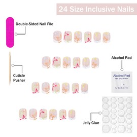 Press on Nails Short Square SWEKKE White French Tip Fake Nails False Nails with Designs Colorful Stars Glossy Glue on Nails Full Cover French Manicure Acrylic Nails for Women Girls 24 Pcs