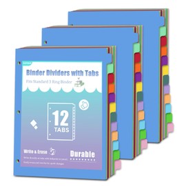 12-Tab Binder dividers with tabs for 3 Ring Binder, Write & Erase, Dividers for 8.5 x 11'' Letter Size Papers, Assorted Color, 3 Set, Ideal for Student, Teacher
