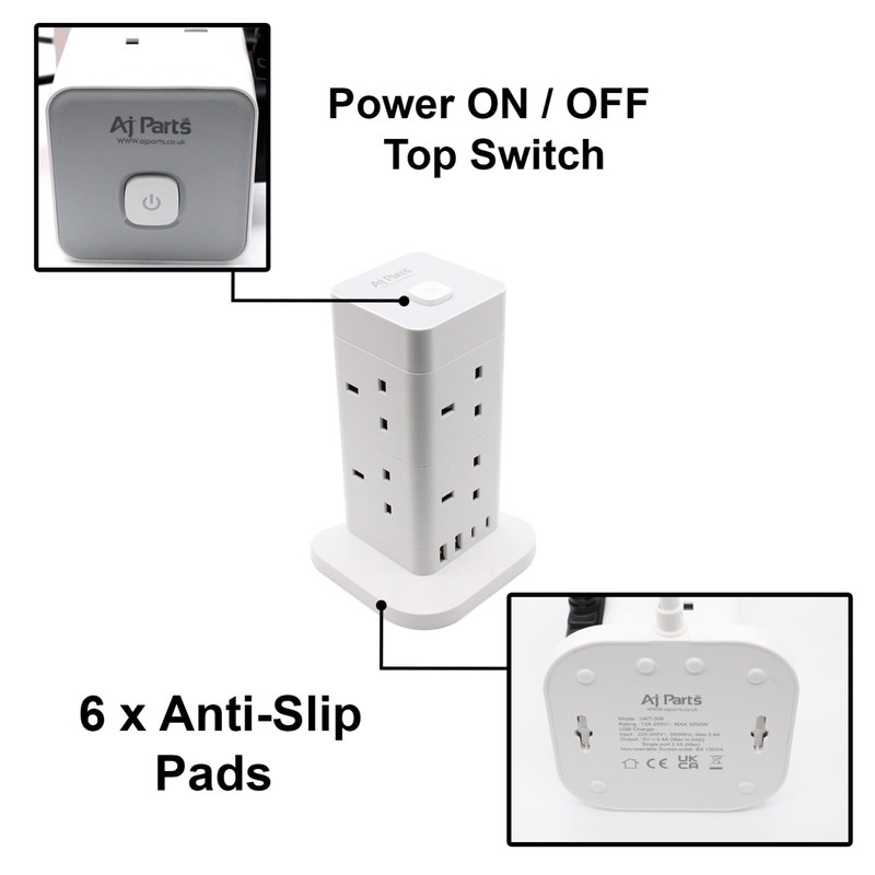 AJP Tower Extension Lead 4 USB Slots 8 Way Plug