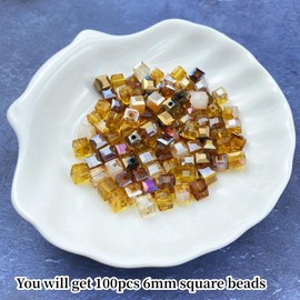 Honkoolly 100pcs Crystal Glass Cube Beads 6mm Square Glass Beads with Hole Glass Spacer Beads for Bracelets Necklace Earring DIY Jewelry Making Craft(Coffee Series)