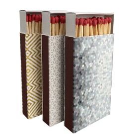 Box Matches, Long Wooden Matches, Strike on Box - Kitchen Matches - Decorative Candle and Fireplace Wood Matches- 3 Pack - 135 Matches Total (Geometric Design)