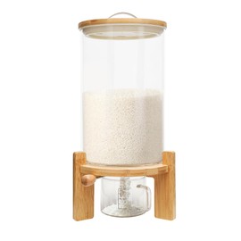 HAPPCUCOE 5L/ 7.5L Glass Rice Dispenser with Wooden Stand,Flour and Cereal Container with Glass Measuring Cup,for Storing Rice, Flour, Nuts, Coffee Beans, Cereals (7.5L)