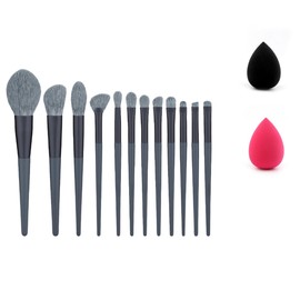 Makeup Brush Set with Soft Synthetic Fibre Wood Holder for Blush, Foundation, Powder, Mix, Eyeshadow (Ash Blue Makeup Brush Set 12 Pieces + 2 Pieces Sponge Puff)