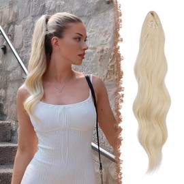 FESHFEN Ponytail Extensions 20 inch Long Wave Ponytail Claw Clip in Pony Tail Hair Extensions Platinum Blonde Wavy Ponytails Synthetic Hairpieces for Women Girls