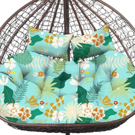 skyfiree Double Egg Chair Cushion Replacement - Thickened Waterpoof Double Eggs Swing Chair Cushions, 55x35inch for Outdoor Patio Hanging Basket & Doubles Egg Swing Chairs,Cyan Floral Leaf