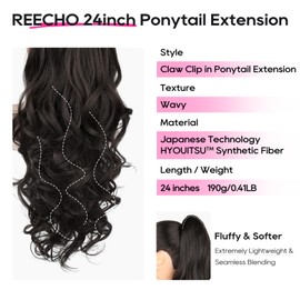 REECHO Ponytail Extension, 24" Claw Clip in Ponytail Extension Long Curly Wavy Ponytail Hair Extension Jaw Clip on Pony Tails Hairpiece for Women - Black Brown
