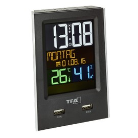 TFA Dostmann Charge-IT digitaler Funk-Wecker, 60.2537.01, mit USB-Ladefunktion, Raumklima, mit Kurzschlaftimer, schwarz, L 95 x B 61 x H 133 mm