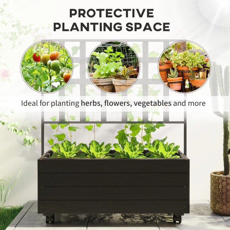 Wooden Elevated Garden Bed with Trellis and Wheels Outdoor Planter