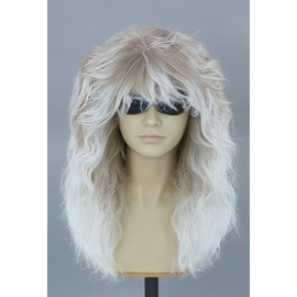 Xinhuanqi Wig Retro style for Men and Women, Rock Disco, Halloween Cosplay, Long Curly Punk Heavy Metal Rocker (Gradient Silver)
