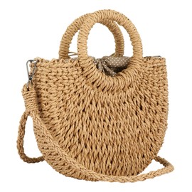 Rattan Handmade Straw Tote Handbag Beach Shoulder Bag Summer Beach Rattan Bag Straw Bag (Brown)