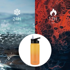 MURBONE Stainless Steel Drinking Bottle 500 ml (+ 2 Lids) with Straw, BPA-Free, Leak-Proof, Suitable for Carbonated Drinks, Thermos Flask, Vacuum Double Wall Insulation for Sports, Travel, Camping