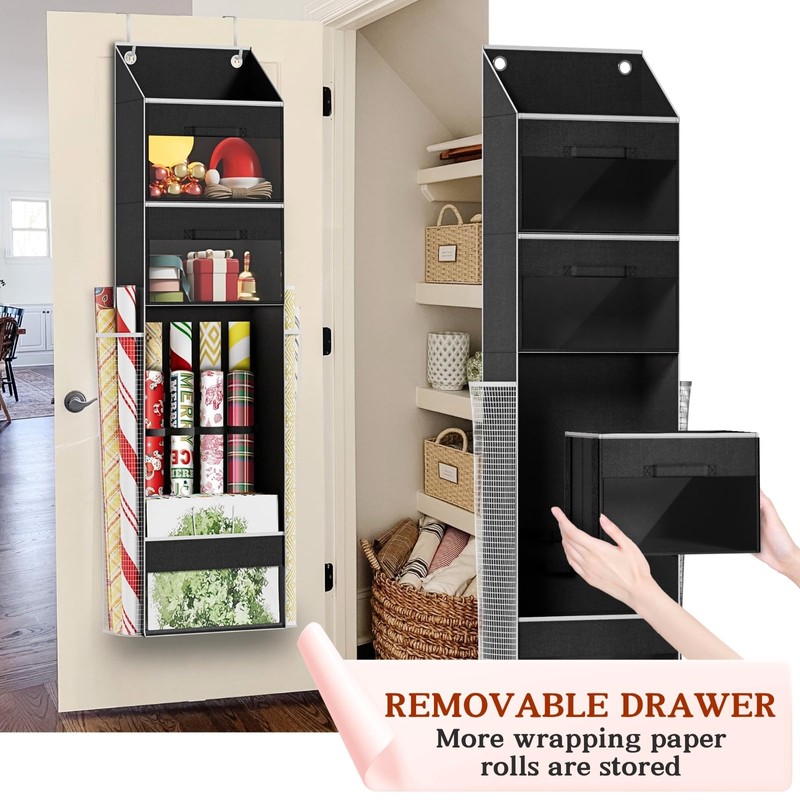 Black Over Door Wrapping Paper Organizer Storage with 3 Removable