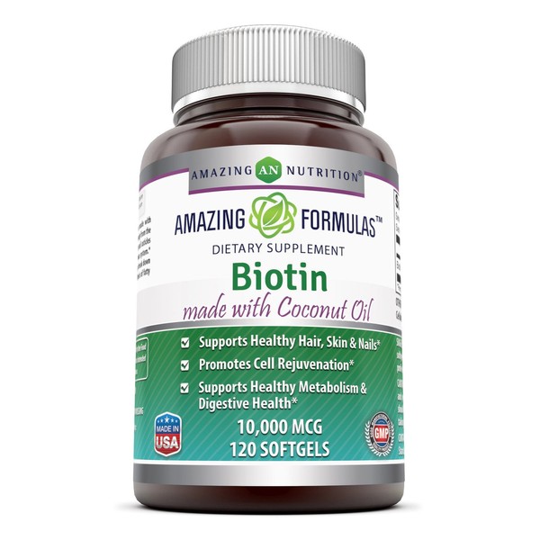 Amazing Formulas Biotin 10,000 mcg with Extra Virgin Organic Coconut Oil, 120 Softgels (Non-GMO,Gluten Free) - Supports Healthy Hair, Skin & Nails - Promotes Cell Rejuvenation