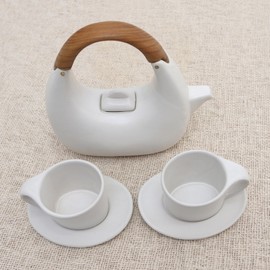 NOVICA White Ceramic Wood Modern Coffee & Tea Service Serveware From Indonesia 'Resting Cloud In White'