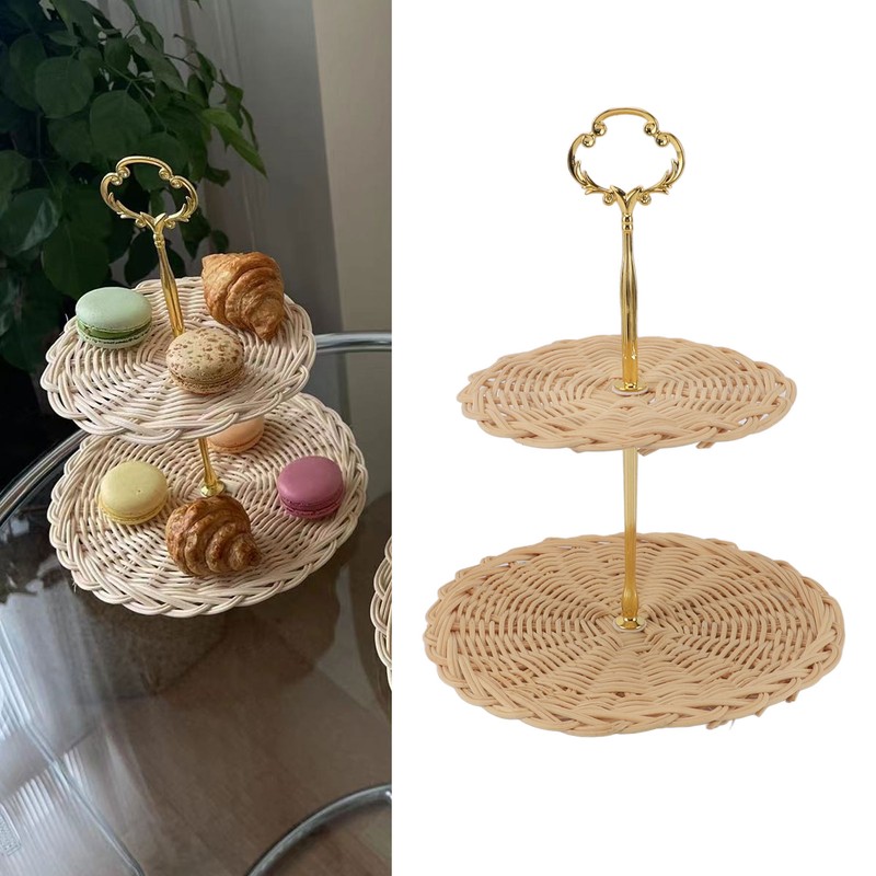 2 Tier Rattan Serving Standing Trays Round Woven Bread Fruit