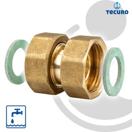 tecuro Screw connection thread fitting 3/4 x 3/4 inch (DN15), union nut Rp on both sides, flat sealing, blank brass CW617N, according to drinking water regulation 50930-6, 424034
