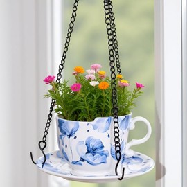 TEATALK Hanging Planters for Indoor Plants: 6.3 Inch Hanging Planter with Chain, Hanging Baskets for Plants Outdoor, Ceramic Hanging Pots (Cup Shape)