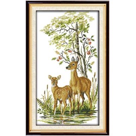 Happy Forever Cross Stitch Kits 11CT Stamped Patterns for Kids and Adults, DIY Preprinted Embroidery kit for Beginner, Animal 11 (D947 Deer Mother and Daughter, Size 14''x23'' Size)