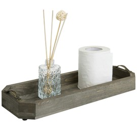 MyGift Wooden Vanity Tray, Rustic Gray Solid Wood Toilet Tank Tray - Decorative Octagonal Cosmetic Organizer with Antique Metal Handles