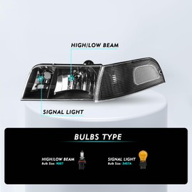 TUSDAR Headlight Assembly Set with Corner Lights 4pcs for 98-11 Ford Crown Victoria Headlamp with Bulbs (Black Housing with Clear Reflector)