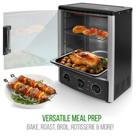 Versatile Vertical Countertop Oven with Rotisserie, Bake, Broil, & Kebab Rack Functions, Adjustable Settings, 2 Shelves, 1500W - Thanksgiving Turkey - Includes Grill, Kebab skewer racks & bake pan