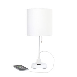 Simple Designs LT2024-WOW-2PK Two Pack White Stick Table Desk Lamp Set with Charging Outlet and Drum Fabric Shade for Living Room, Hallway, Nightstand, Office, White Shade