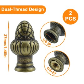 MARRTEUM Bronze Brass Solid Lamp Finial Cap Knob Retro Lamp Finial Decoration with Dual-Thread Screw for Lamp Shade Holder Harp Tops, Fit Both 1/8 IP(3/8") and 1/4-27, 2 Pack