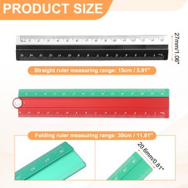 HARFINGTON Folding and Straight Ruler Kit 30/15cm Metric Aluminum Alloy Plastic Protractor Foldable Angle Ruler for Home Classroom Office, Red-Green