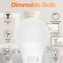 Brilvibera 2 Packs Remote Control Bulb Set, A19 LED Light Bulbs Dimmable Stepless 2700K-6000K, 805 LM, E26 Base, 25000+ Hours Lifespan, LED Bulb for Pendant Light, Table Light, Floor Lamp