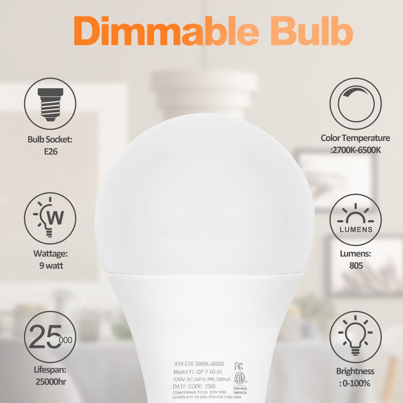 Brilvibera 2 Packs Remote Control Bulb Set, A19 LED Light