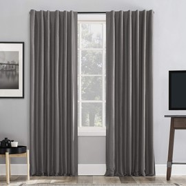 Sun Zero Greyson Faux Dupioni Silk Extreme 100% Blackout Back Tab Curtain Panel, 50" x 63", Iron Gray