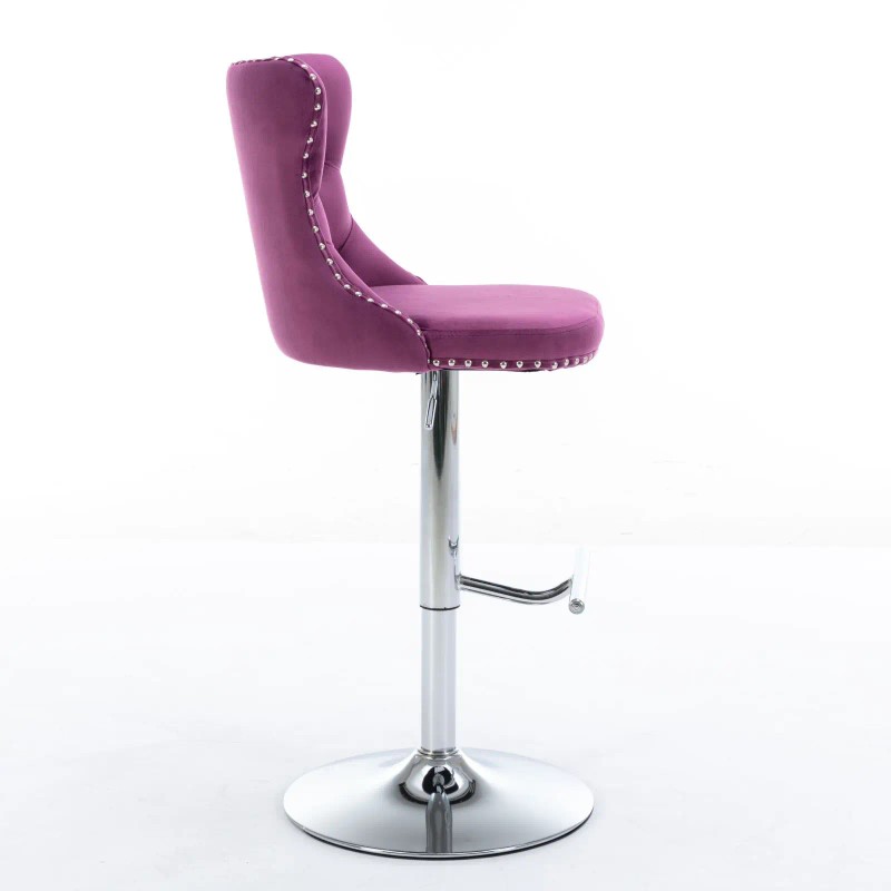 Purple Velvet Barstools Adjustable Height Chrome Base Swivel Tufted Back