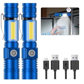 Flashlight USB Rechargeable, Magnetic LED Flashlight, Super Bright LED Tactical Flashlight with Cob Sidelight, 2000LM, Waterproof, Zoomable Best Small LED Flashlight for Camping, Emergency - Blue