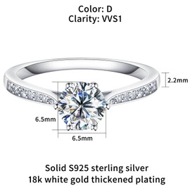 SAMIOVJ Moissanite Engagement Rings for Women, 1ct 1.5ct 2ct D Color VVS1 Clarity Round Solitaire Diamond, Rhodium Plated Sterling Silver Wedding Promise Ring for Her