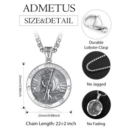 ADMETUS Sterling Silver St Christopher Medal for Men Double Sided Saint Christopher Necklace Mens Amult Pendant Protection Jewelry Religious Gifts