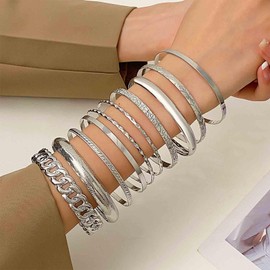 Allereya Vintage Layered Bangle Bracelet Punk Stackable Bracelet Indian Multi Bangle Bracelet Set Silver Multi Layer Bracelet Jewelry for Women and Girls (Silver)