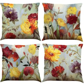 BINXWA Set of 4 Cushion Covers, 45 x 45 cm, Flower Theme, Decorative Cushion Cover, Cotton Linen Cushion Cover, Sofa Cushion Cover, Outdoor, Garden