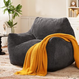 Vellorise Big Bean Bag Chair for Adults & Kids, Ultra Soft Living Room Bean Bag with Armrests, Stuffed BeanBag Floor Sofa for Napping, Gaming, Lounging, Dark Gray