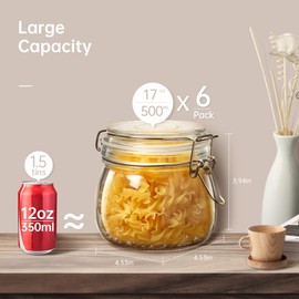 HomArtist Glass Jars with Airtight Lid Set of 6, 17 floz Wide Mouth Mason Jars with Clamp Lids,Glass Sealed Jars with Air Tight Lids, Best for Kitchen & Pantry Food Storage