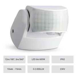 SEBSON Motion Sensor Outdoor IP65, Surface-Mounted, Wall Mounting, Programmable, Infrared Sensor, Range 12 m / 180° - 3 m / 360° (2 Sensors), Suitable for LED, Swivelling, 3-Wire