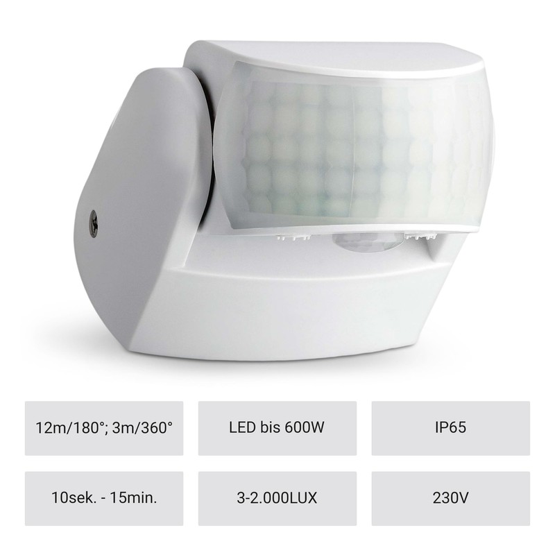 SEBSON Motion Sensor Outdoor IP65, Surface-Mounted, Wall Mounting, Programmable, Infrared