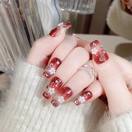 Short Press on Nails Coffin Fake Nails 5D White Flower Rhinestones Glitter Designs Glue on Nails Red Gradient Nails Press ons Short Coffin False Nails Artificial Stick on Nails for Women 24Pcs