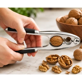 Stainless Steel Nutcracker Tool Made of Die-Cast Zinc for Nuts & Shellfish – Dual-Size Grooved Jaws with Non-Slip Handles for Kitchen & Snacking - Walnut Cracker, Hazelnut Cracker, Nut Tongs Suitable for Nuts, Walnuts, Hazelnuts, Silver