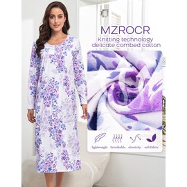 MZROCR Cotton Nightgowns For Women Long Sleeve Night Gowns for Adult Women Soft Women's Sleepwear Loungewear for Women Ladies NightdressPurple Ink Flower
