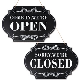 XLIUAX Open Closed Signs for Business, 11x8in Black Wooden Double Sided Come In or Closed Sign with Rope, Waterproof Business Open and Closeds Hours Sign for Stores Restaurants Bars Shops Door Window