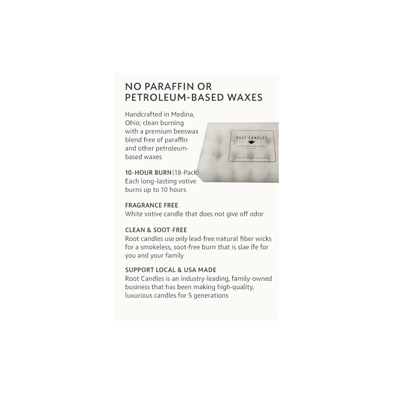 Root Candles Fragrance Free Votive Candles Premium 10-Hour Votives Handcrafted