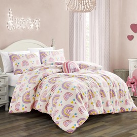 Safus for Kids Rainbow Hearts 4-Piece Comforter Set - Beautiful Motif Design Bedding Set with Embrodery Print